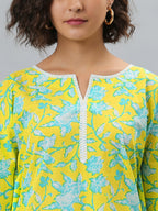 Janasya Women's Yellow Cotton Floral Print Casual Kaftan Kurta | Grocsy