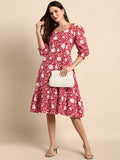 Janasya Women's Red Cotton Floral Printed A-line Western Dress | Grocsy