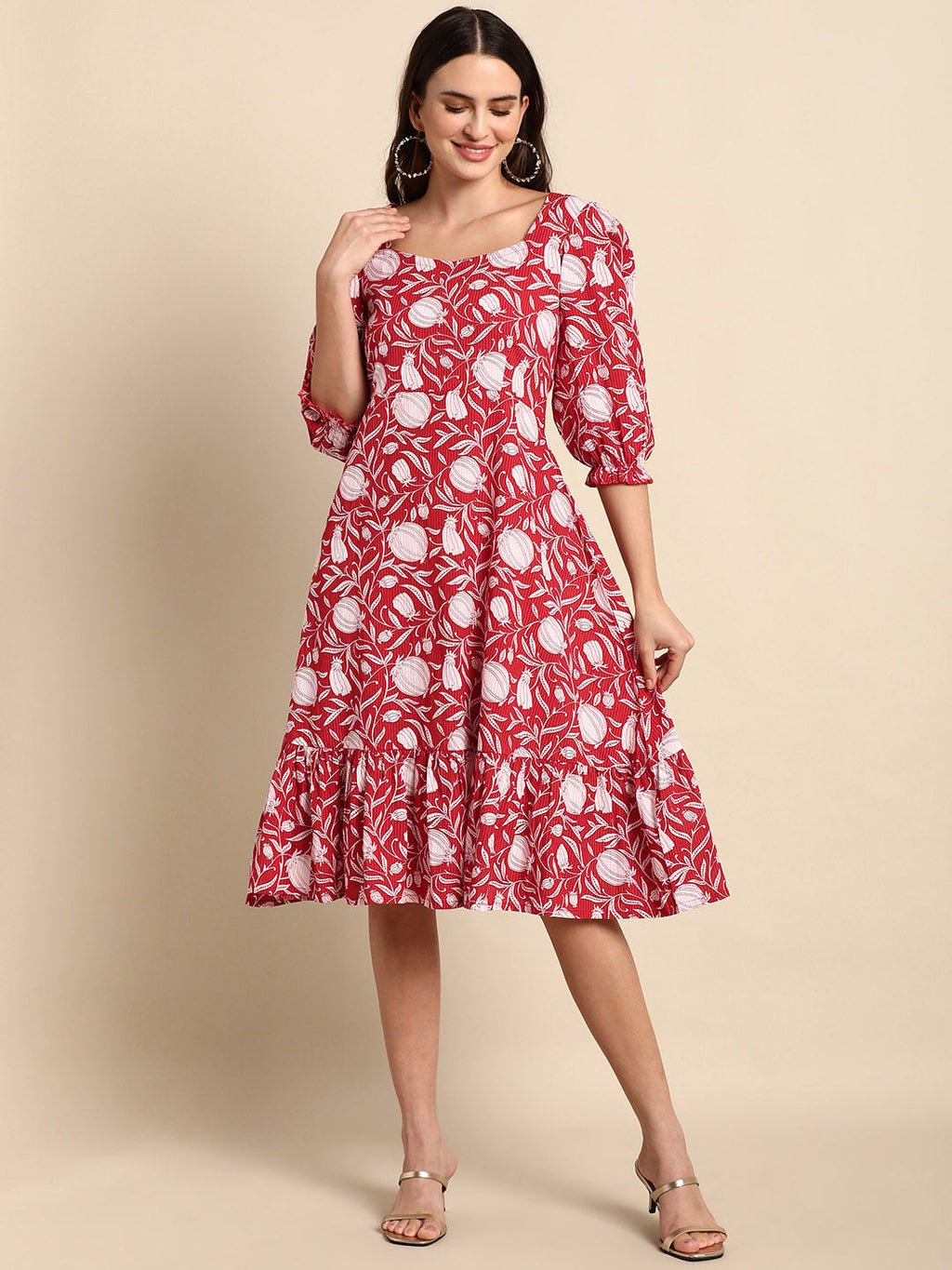 Janasya Women's Red Cotton Floral Printed A-line Western Dress | Grocsy