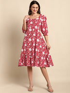 Janasya Women's Red Cotton Floral Printed A-line Western Dress | Grocsy
