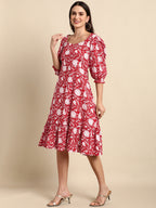 Janasya Women's Red Cotton Floral Printed A-line Western Dress | Grocsy