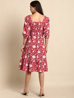 Janasya Women's Red Cotton Floral Printed A-line Western Dress | Grocsy