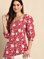 Janasya Women's Red Cotton Floral Printed A-line Western Dress | Grocsy