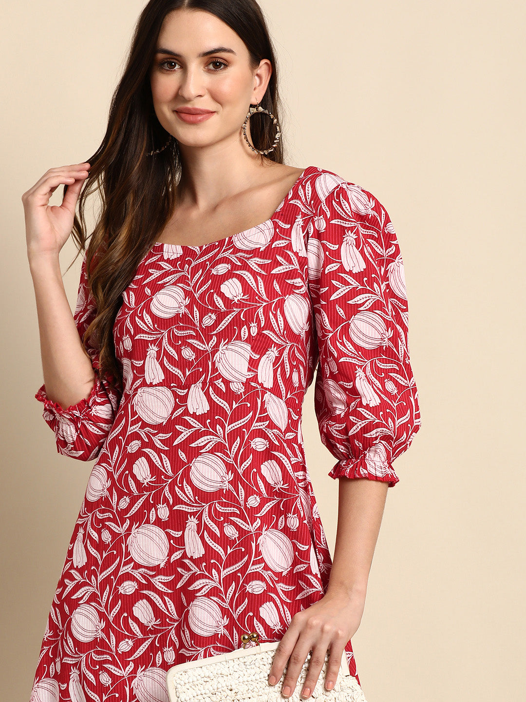Janasya Women's Red Cotton Floral Printed A-line Western Dress | Grocsy