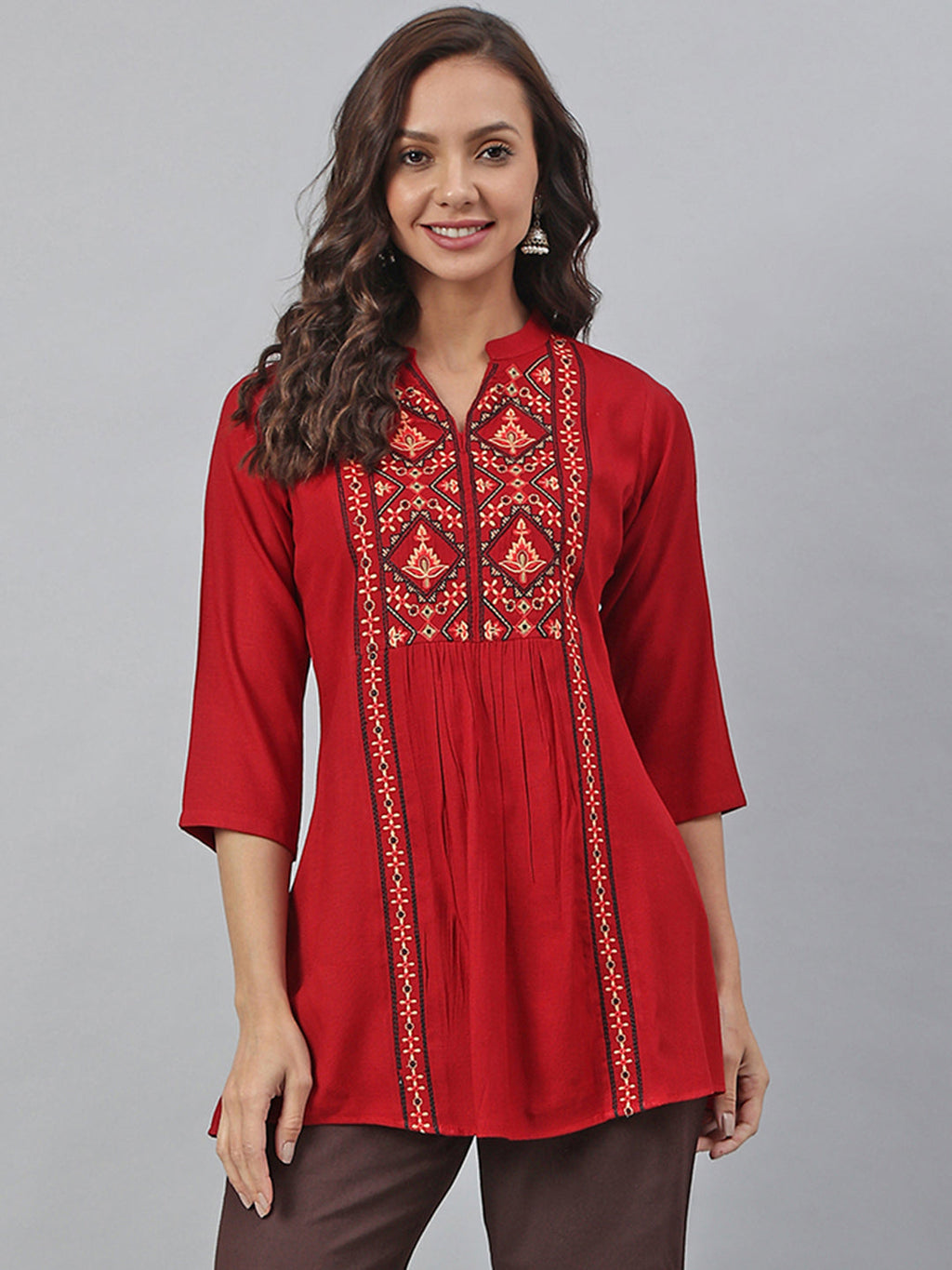 Janasya Women's Maroon Rayon Slub Embroidered A-Line Tunic | Grocsy