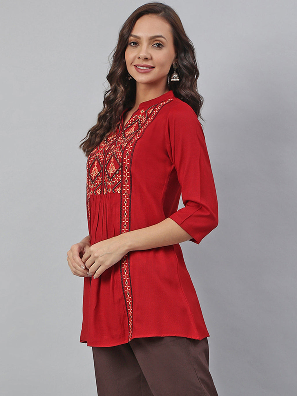 Janasya Women's Maroon Rayon Slub Embroidered A-Line Tunic | Grocsy