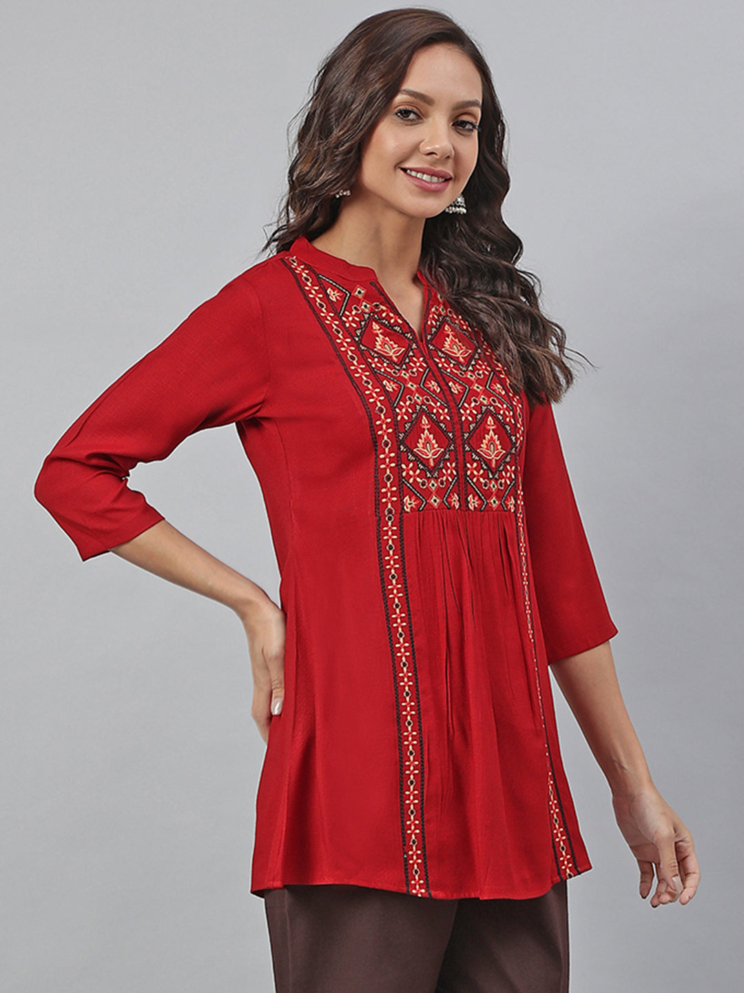 Janasya Women's Maroon Rayon Slub Embroidered A-Line Tunic | Grocsy