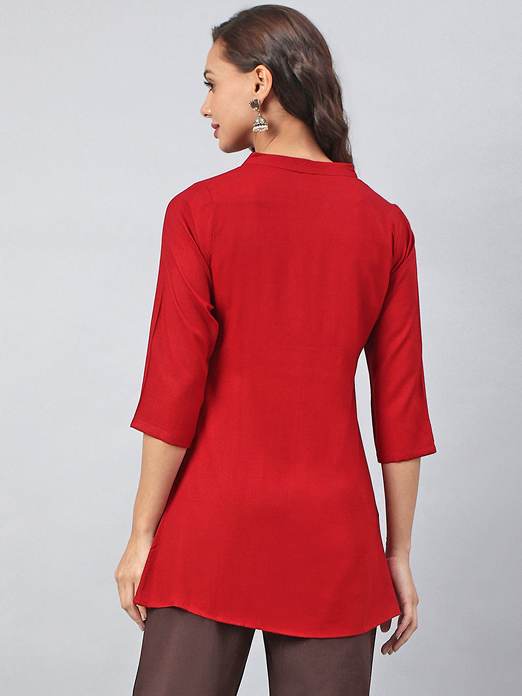 Janasya Women's Maroon Rayon Slub Embroidered A-Line Tunic | Grocsy