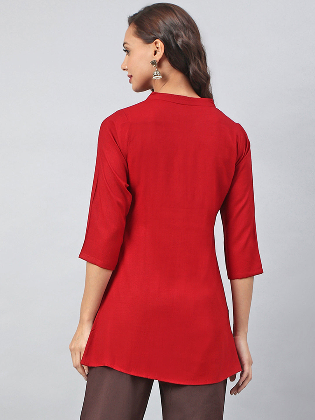 Janasya Women's Maroon Rayon Slub Embroidered A-Line Tunic | Grocsy