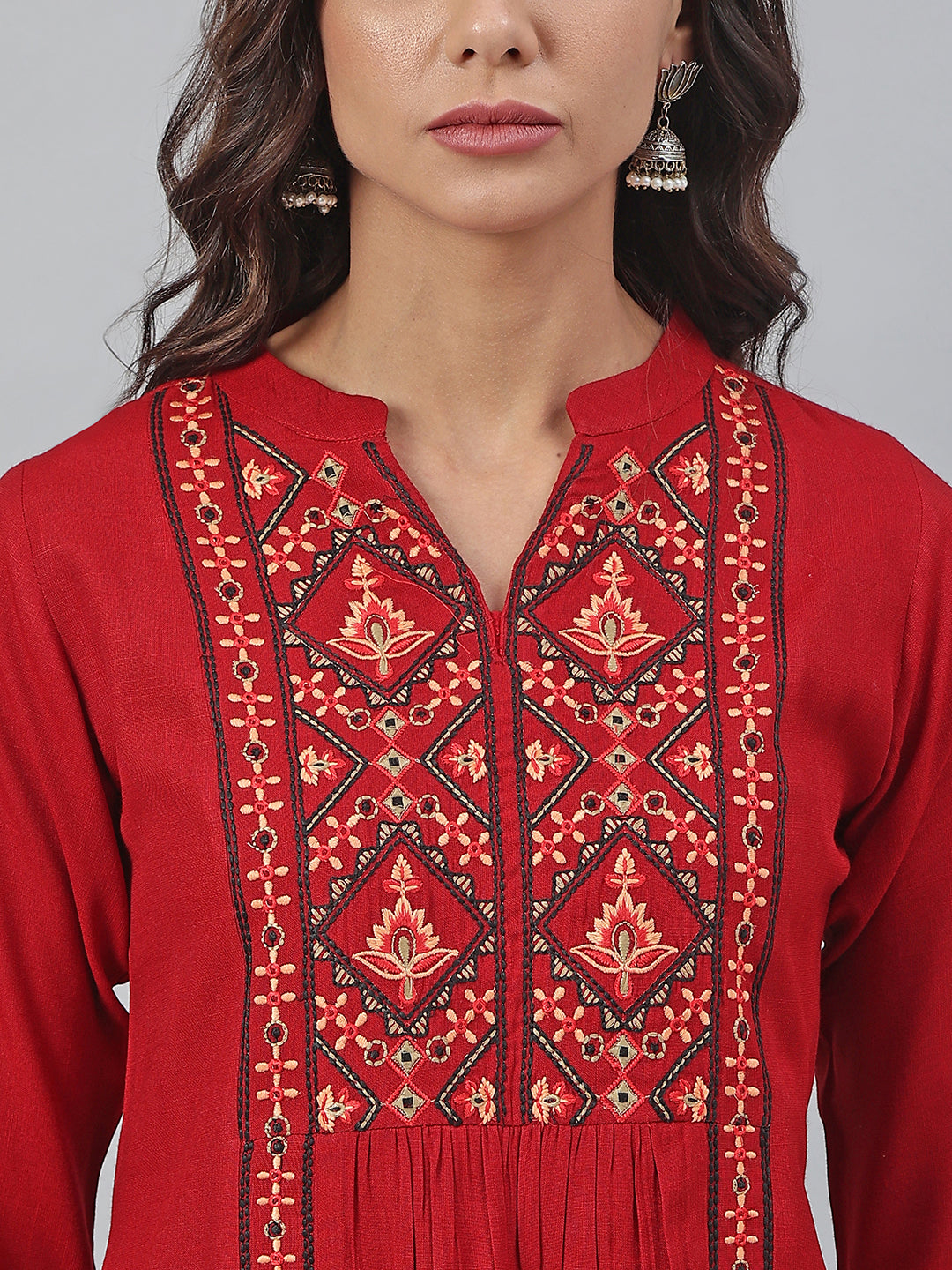 Janasya Women's Maroon Rayon Slub Embroidered A-Line Tunic | Grocsy