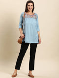 Janasya Women's Light Blue Rayon Slub Embroidered Regular Tunic | Grocsy