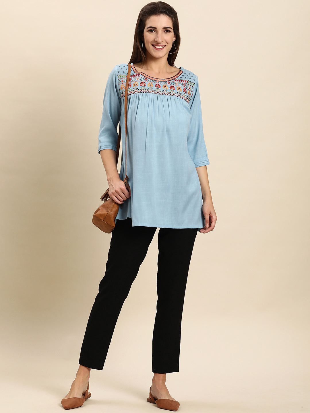 Janasya Women's Light Blue Rayon Slub Embroidered Regular Tunic | Grocsy