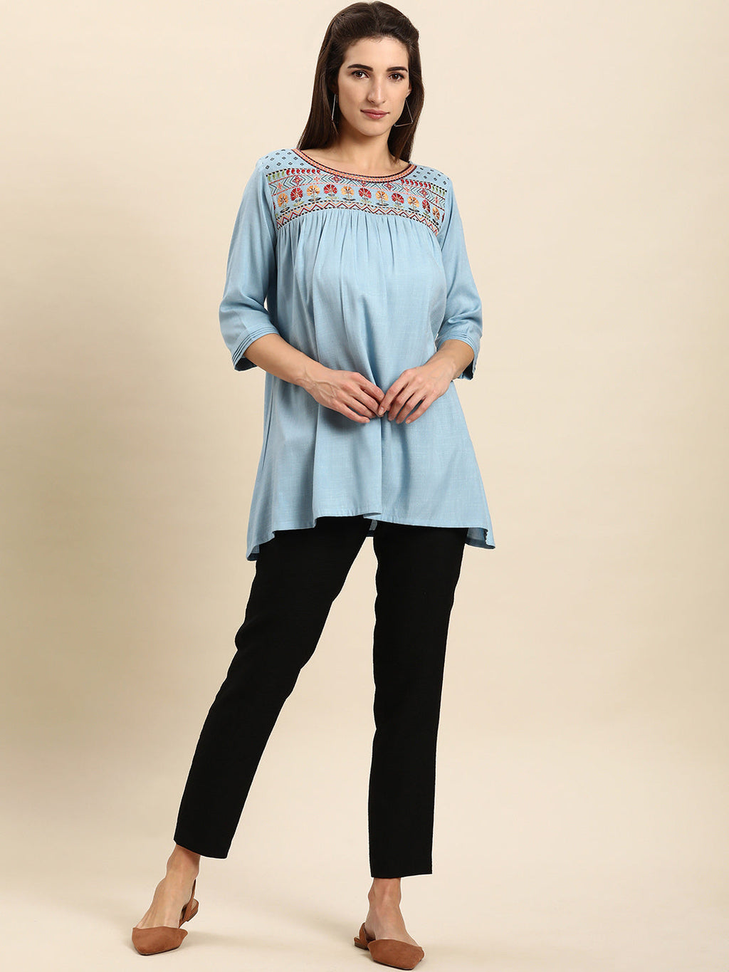 Janasya Women's Light Blue Rayon Slub Embroidered Regular Tunic | Grocsy