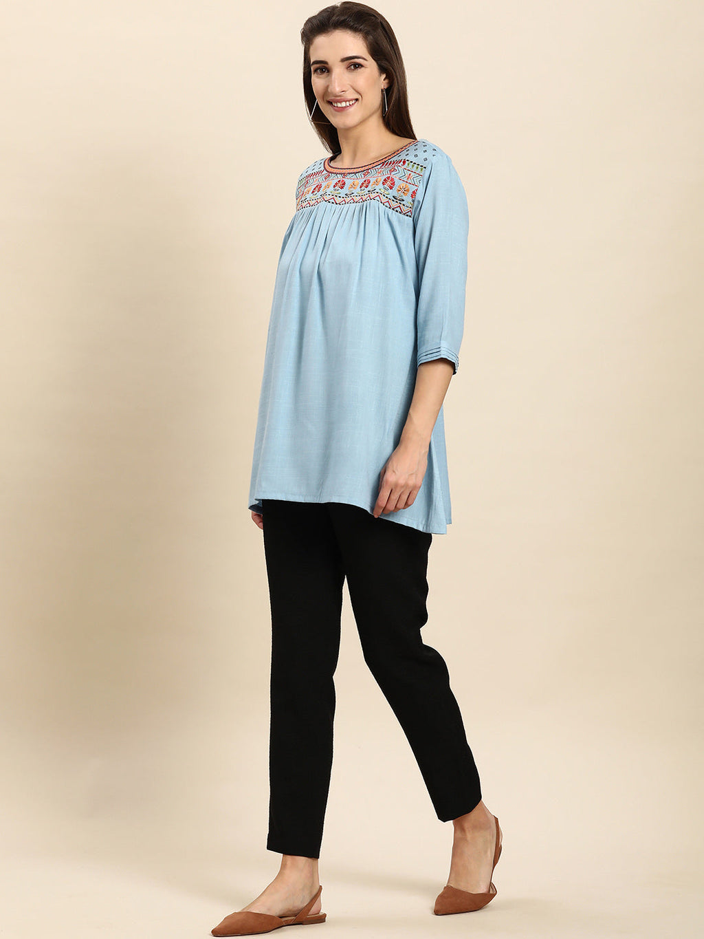 Janasya Women's Light Blue Rayon Slub Embroidered Regular Tunic | Grocsy