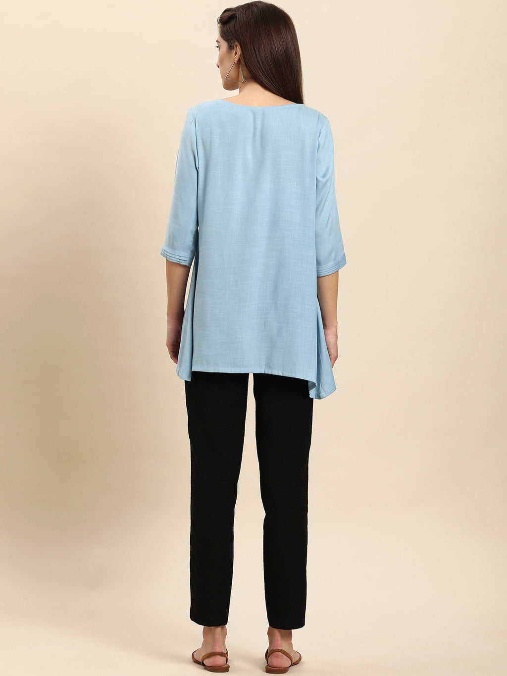 Janasya Women's Light Blue Rayon Slub Embroidered Regular Tunic | Grocsy