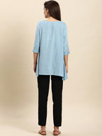 Janasya Women's Light Blue Rayon Slub Embroidered Regular Tunic | Grocsy