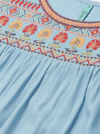 Janasya Women's Light Blue Rayon Slub Embroidered Regular Tunic | Grocsy