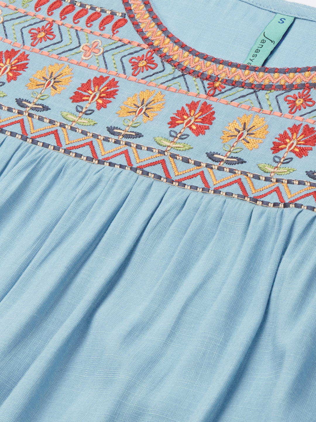 Janasya Women's Light Blue Rayon Slub Embroidered Regular Tunic | Grocsy