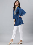 Janasya Women's Blue Rayon Slub Embroidered Regular Tunic | Grocsy