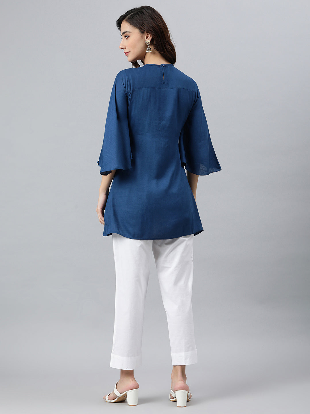 Janasya Women's Blue Rayon Slub Embroidered Regular Tunic | Grocsy