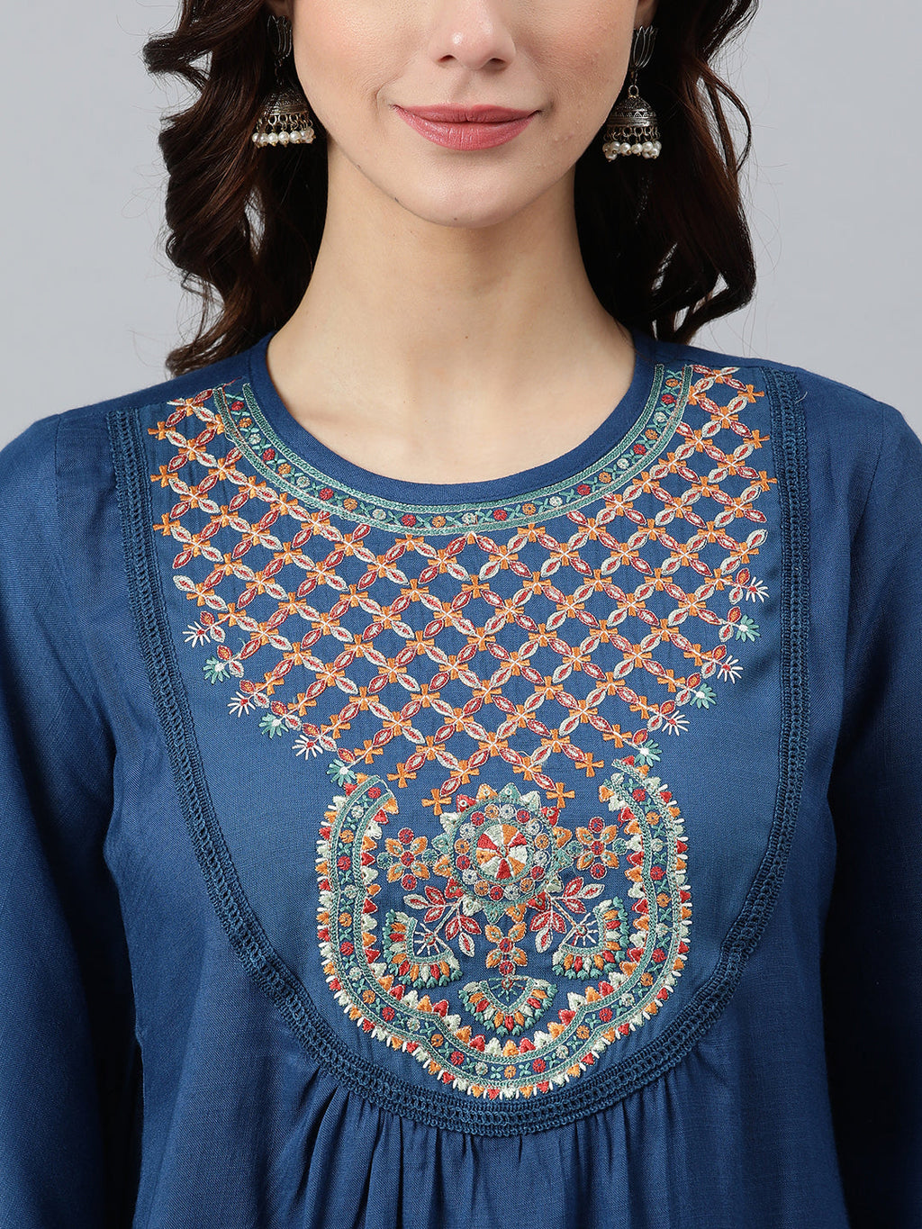 Janasya Women's Blue Rayon Slub Embroidered Regular Tunic | Grocsy