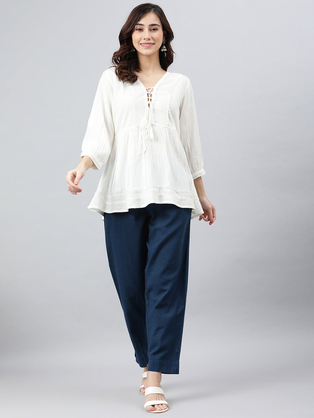 Janasya Women's White Rayon Solid Flared Top | Grocsy