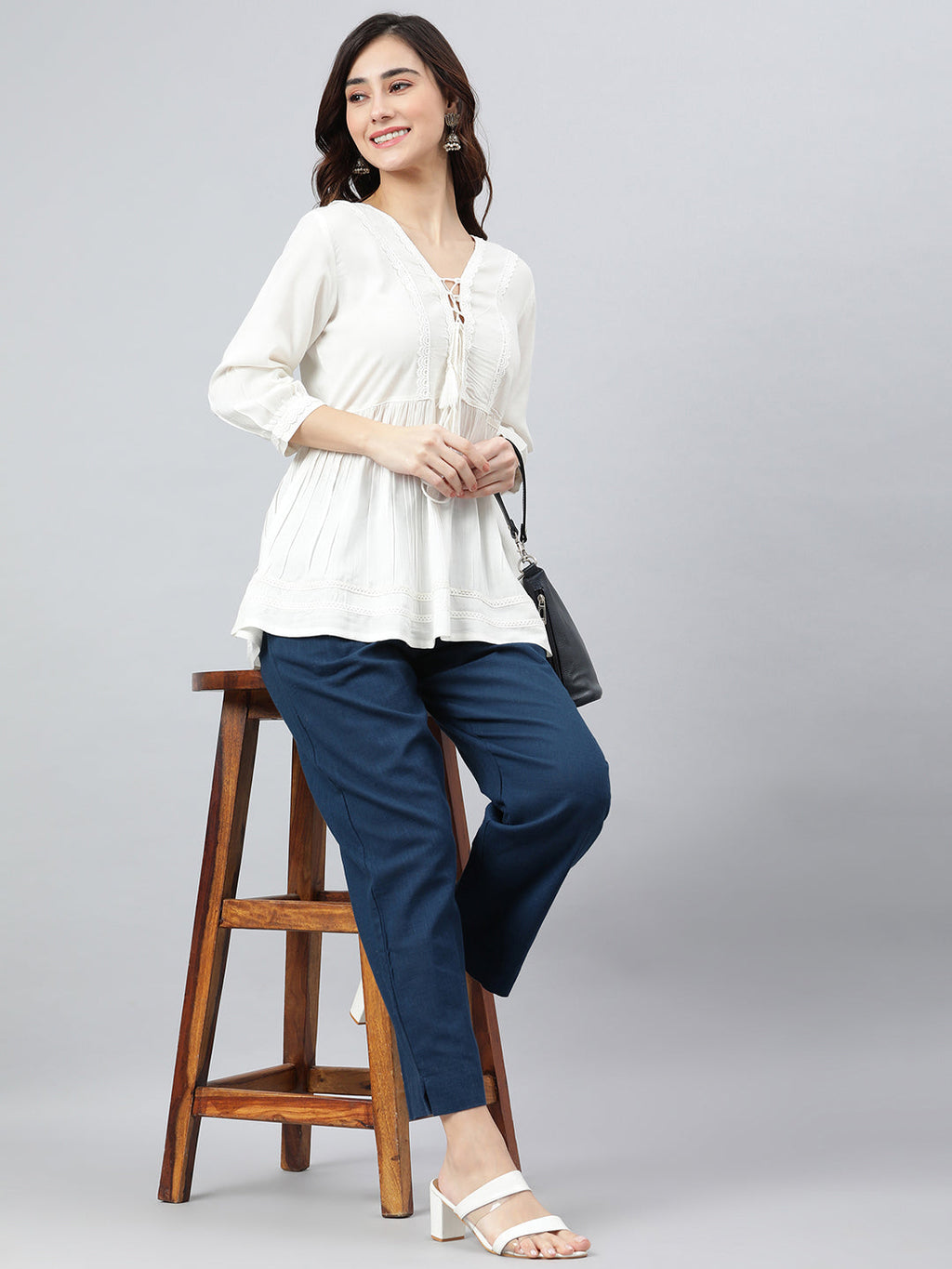 Janasya Women's White Rayon Solid Flared Top | Grocsy