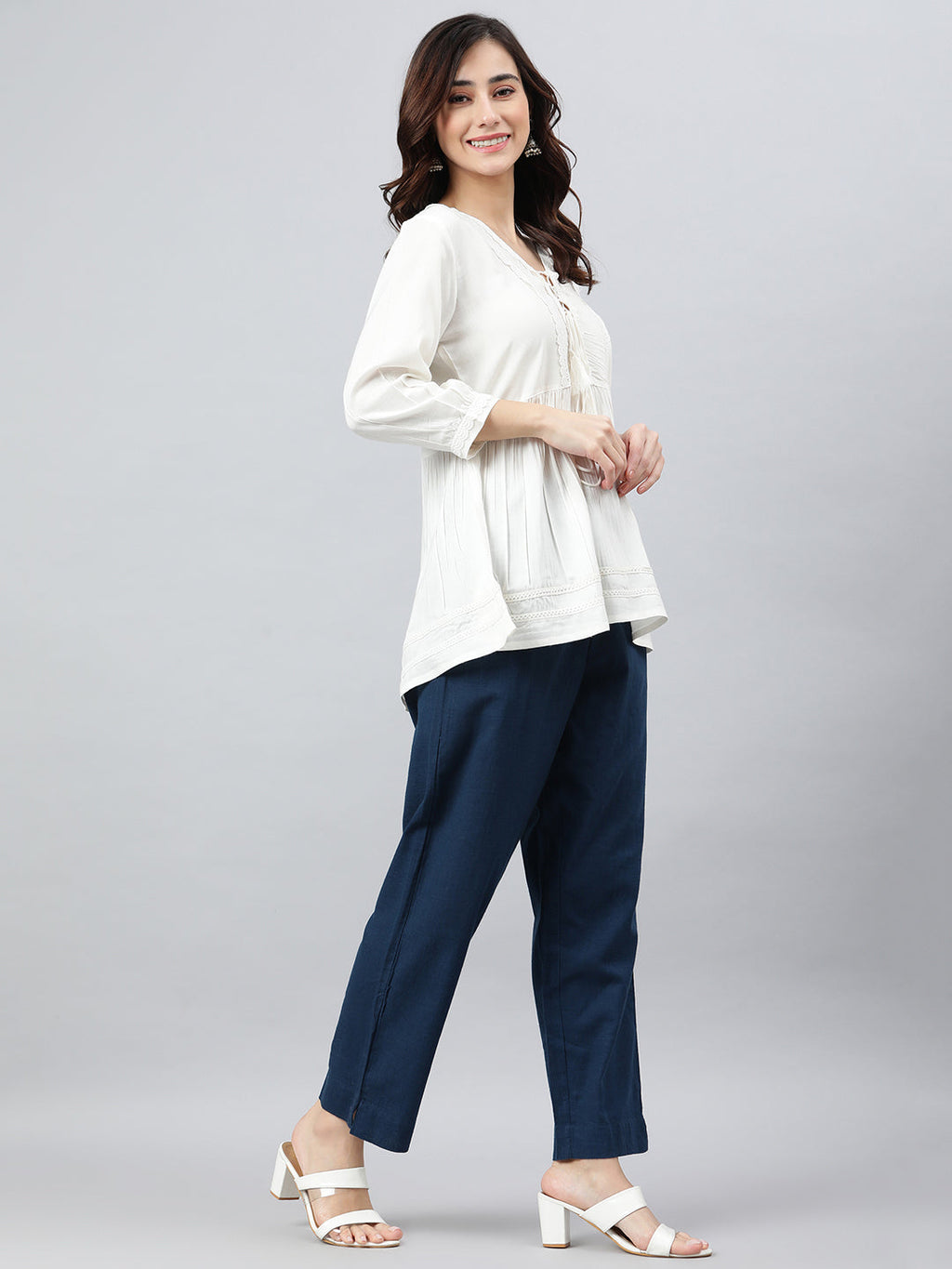 Janasya Women's White Rayon Solid Flared Top | Grocsy