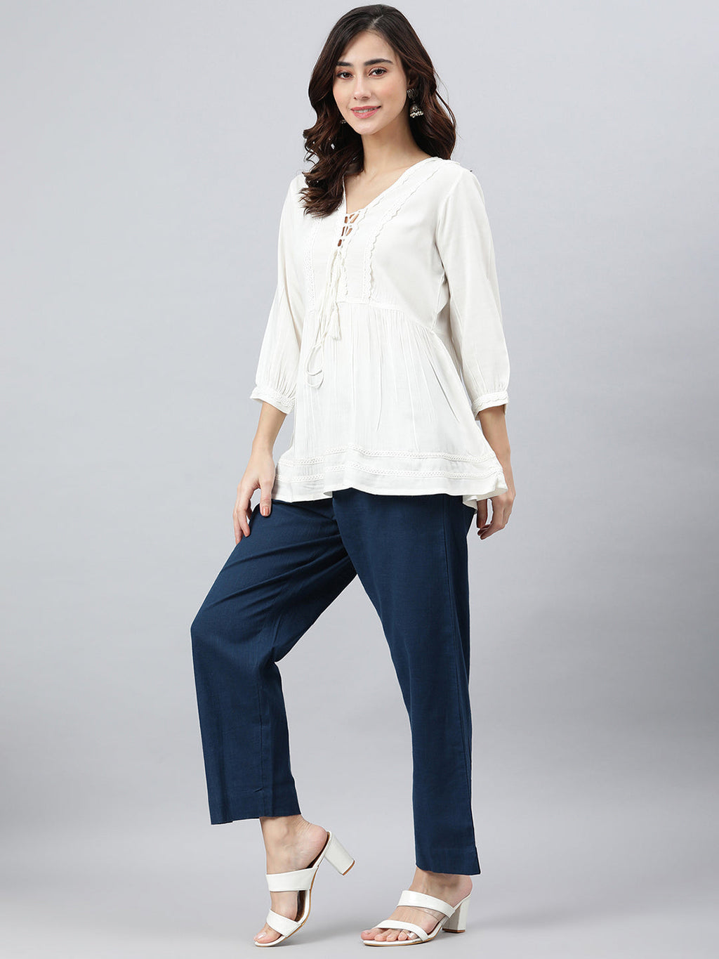 Janasya Women's White Rayon Solid Flared Top | Grocsy