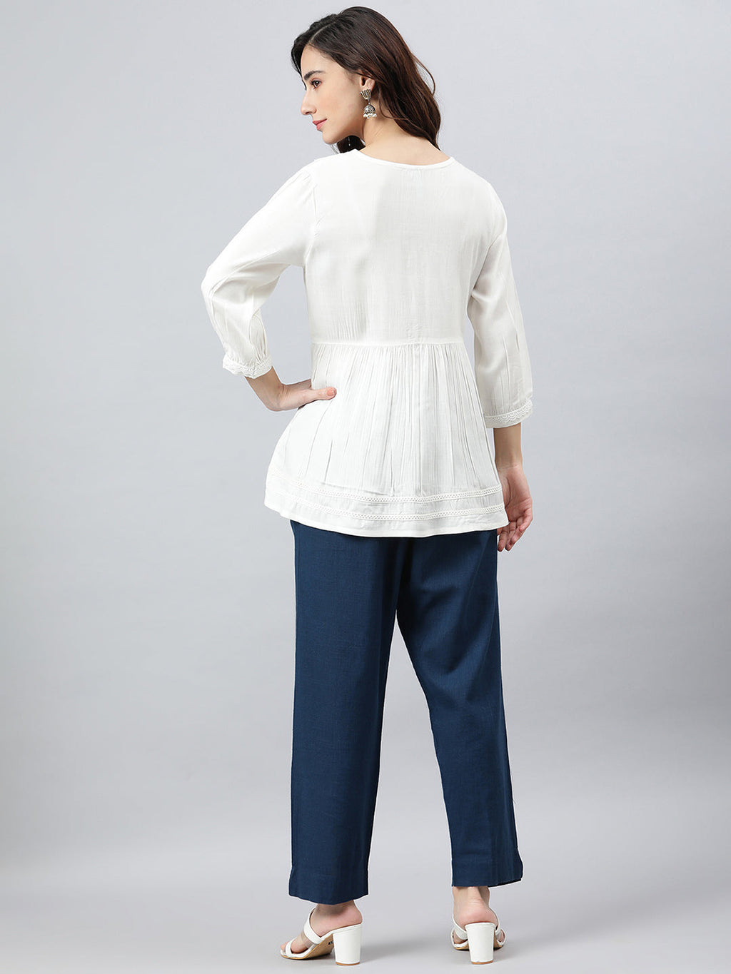 Janasya Women's White Rayon Solid Flared Top | Grocsy