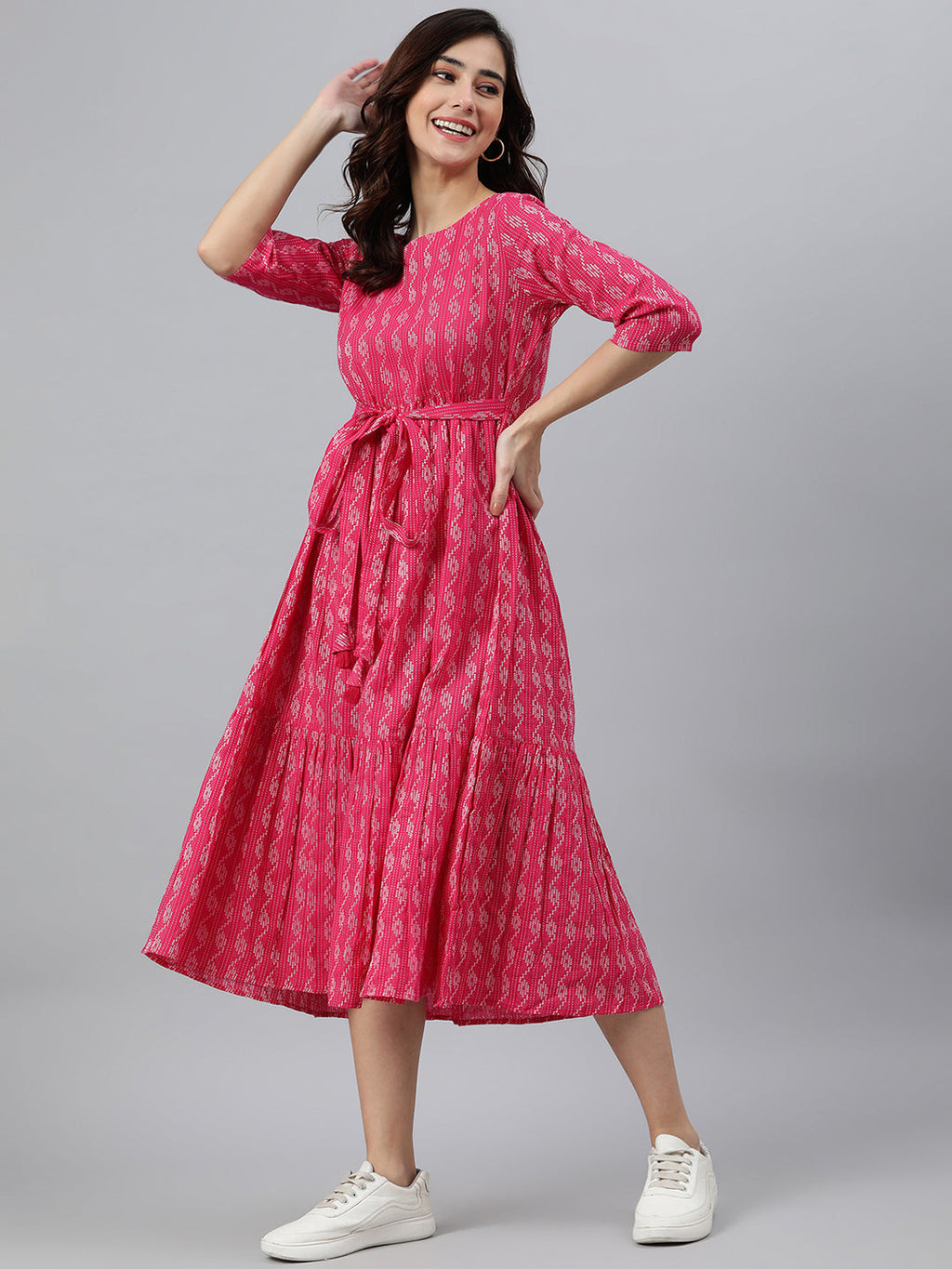 Janasya Women's Pink Cotton Woven Design Tiered Western Dress | Grocsy