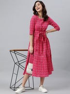 Janasya Women's Pink Cotton Woven Design Tiered Western Dress | Grocsy