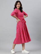 Janasya Women's Pink Cotton Woven Design Tiered Western Dress | Grocsy