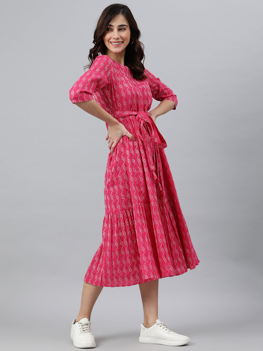 Janasya Women's Pink Cotton Woven Design Tiered Western Dress | Grocsy