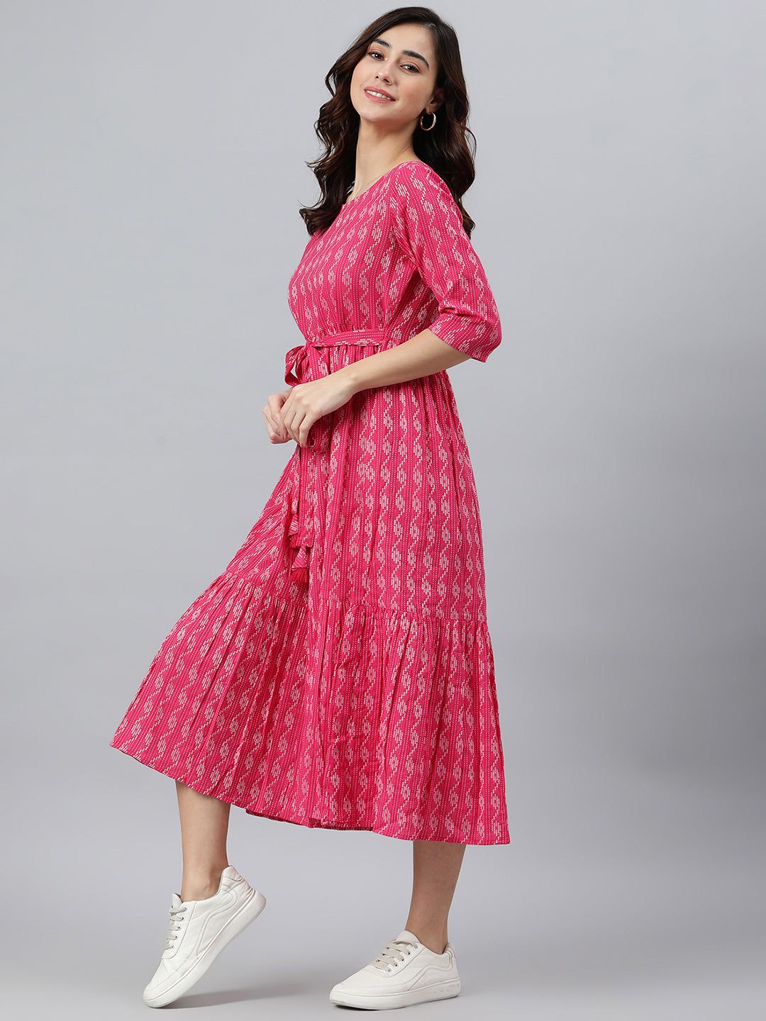 Janasya Women's Pink Cotton Woven Design Tiered Western Dress | Grocsy