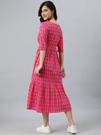 Janasya Women's Pink Cotton Woven Design Tiered Western Dress | Grocsy