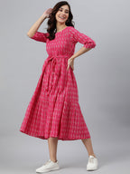 Janasya Women's Pink Cotton Woven Design Tiered Western Dress | Grocsy