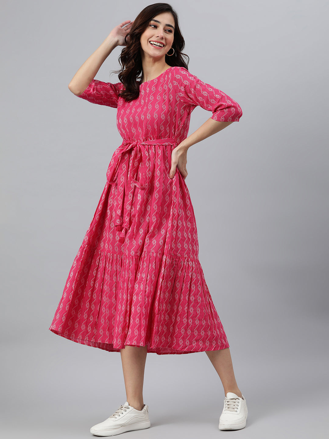 Janasya Women's Pink Cotton Woven Design Tiered Western Dress | Grocsy