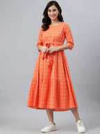 Janasya Women's Orange Cotton Woven Design Tiered Western Dress | Grocsy