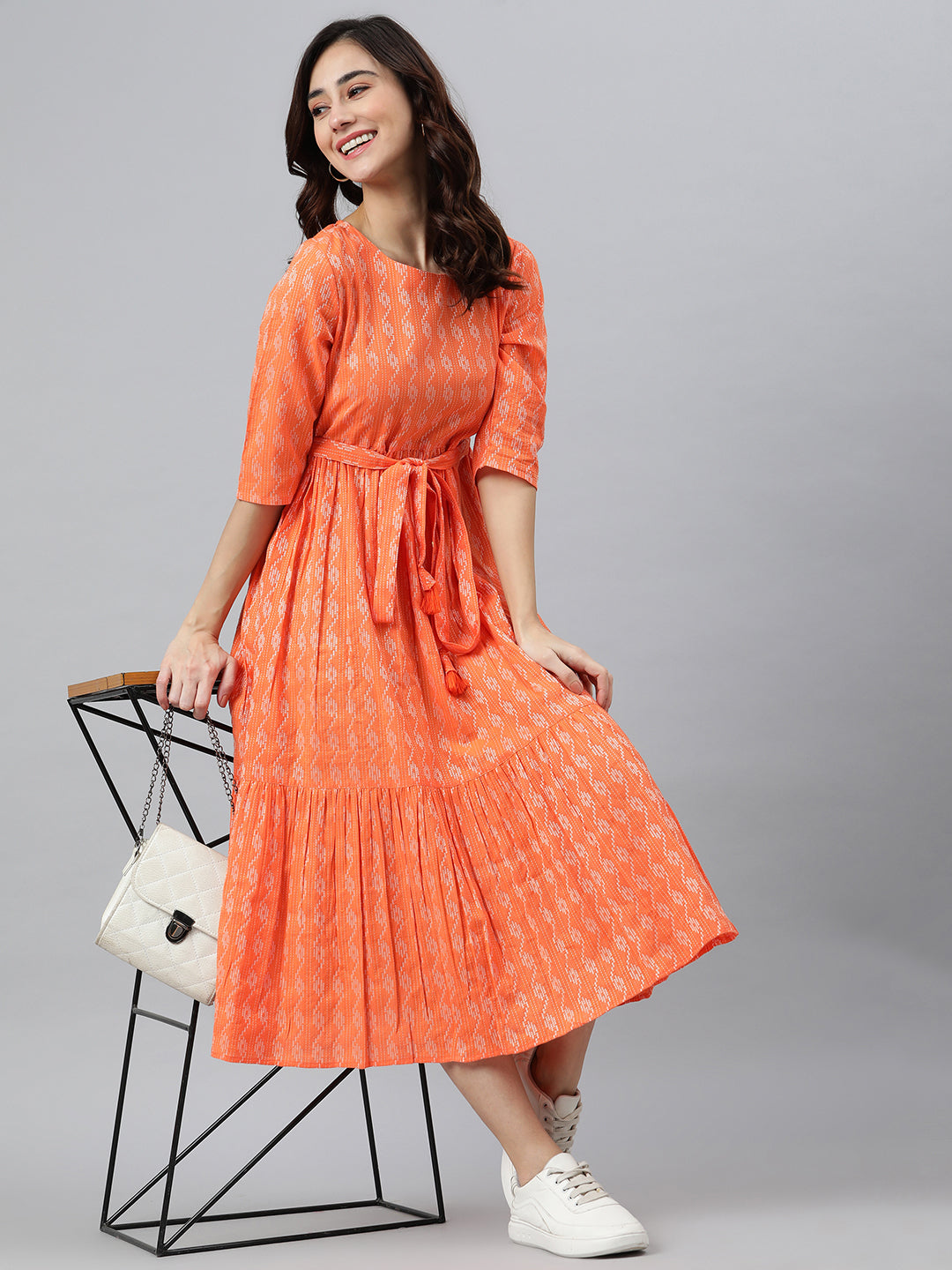 Janasya Women's Orange Cotton Woven Design Tiered Western Dress | Grocsy