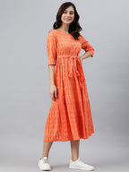 Janasya Women's Orange Cotton Woven Design Tiered Western Dress | Grocsy