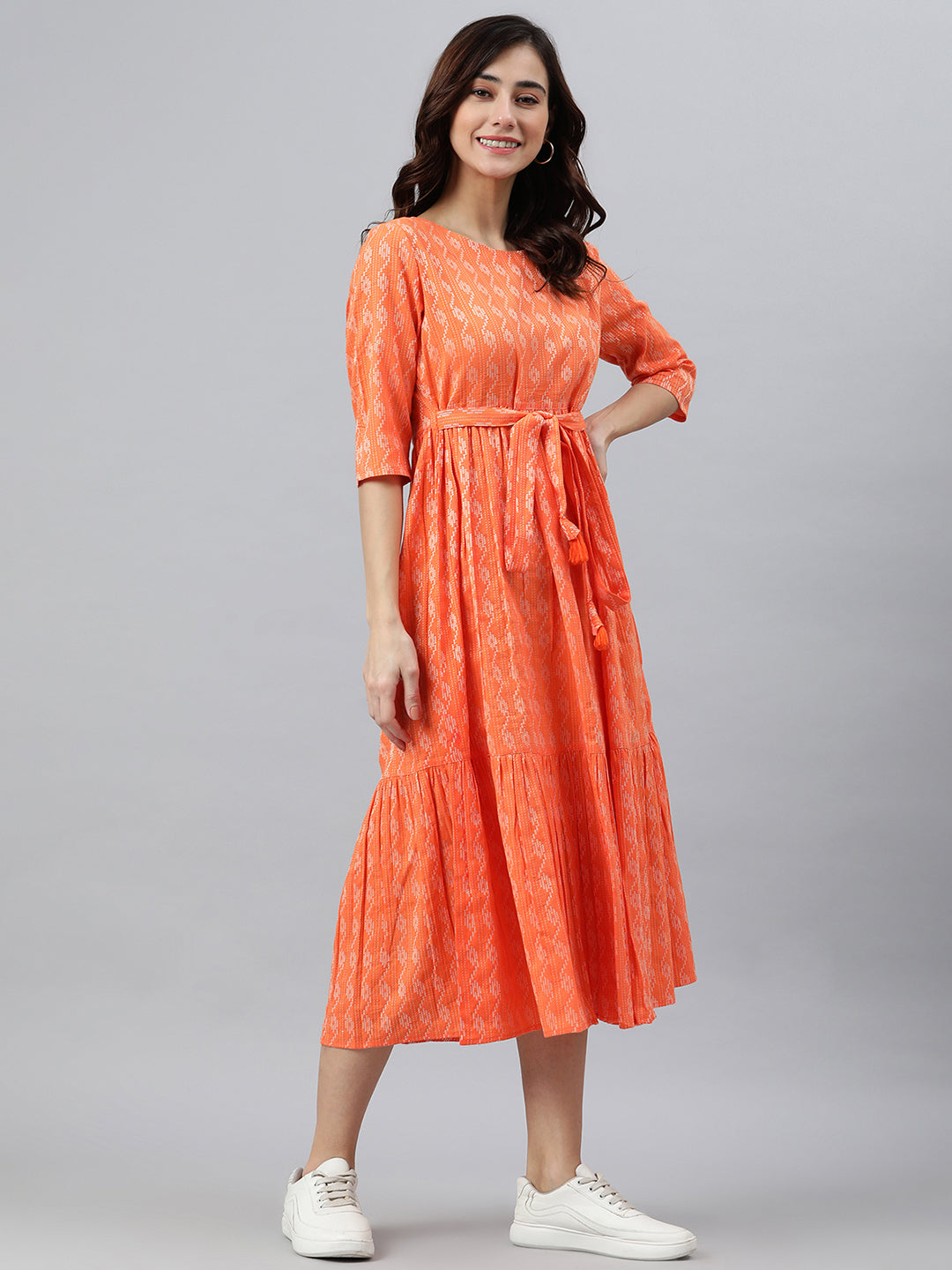 Janasya Women's Orange Cotton Woven Design Tiered Western Dress | Grocsy