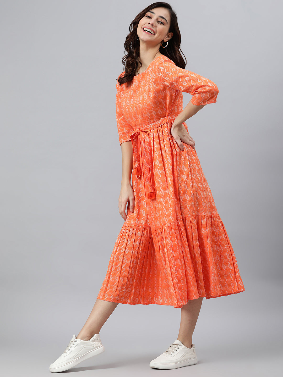 Janasya Women's Orange Cotton Woven Design Tiered Western Dress | Grocsy