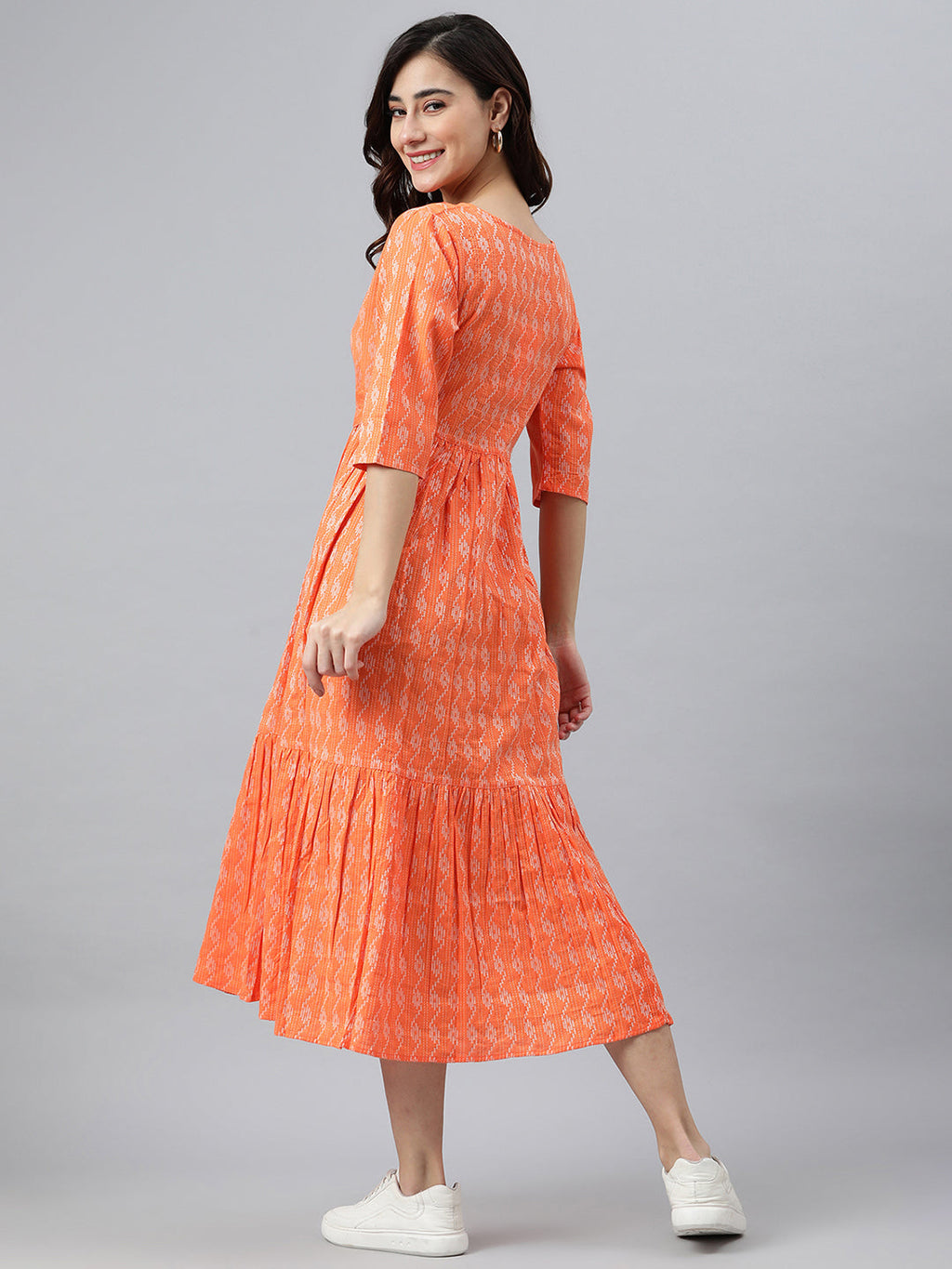 Janasya Women's Orange Cotton Woven Design Tiered Western Dress | Grocsy
