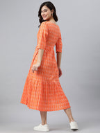 Janasya Women's Orange Cotton Woven Design Tiered Western Dress | Grocsy
