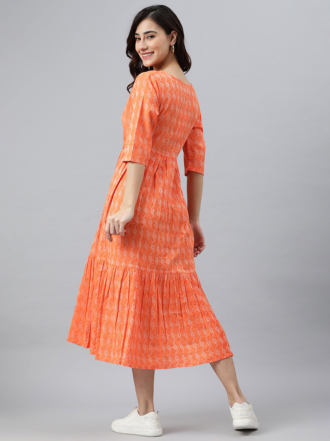 Janasya Women's Orange Cotton Woven Design Tiered Western Dress | Grocsy