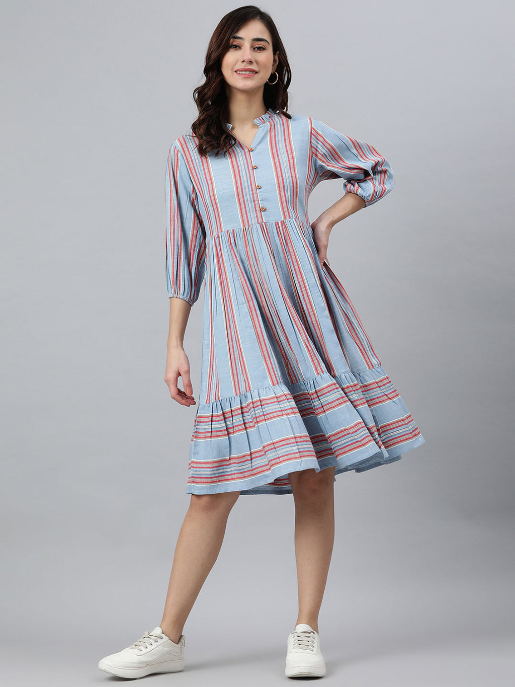 Janasya Women's Sky Blue Cotton Blend Striped Flared Western Dress | Grocsy