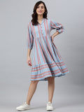 Janasya Women's Sky Blue Cotton Blend Striped Flared Western Dress | Grocsy