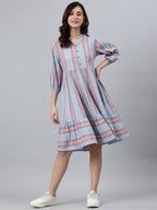 Janasya Women's Sky Blue Cotton Blend Striped Flared Western Dress | Grocsy