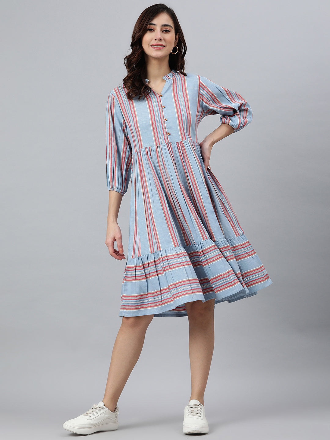 Janasya Women's Sky Blue Cotton Blend Striped Flared Western Dress | Grocsy